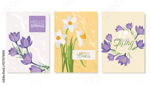 Spring Postcards With First Flowers Crocuses and Daffodils. Mother's Day greeting card template, March 8. Vector