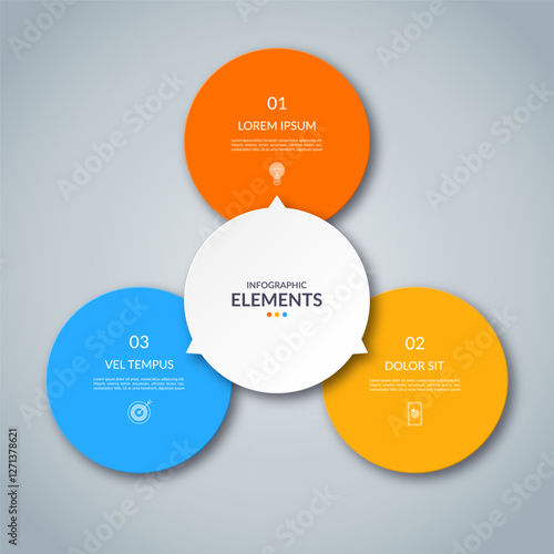 Versatile vector infographic template featuring a central white circle connected to three colorful circles designed to place a text, icons, images. Customizable design enhances clarity and engagement.