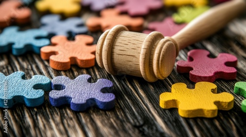 Gavel and Colorful Puzzle Pieces on Wooden Surface Concept for Autism Awareness, Legal Issues, or