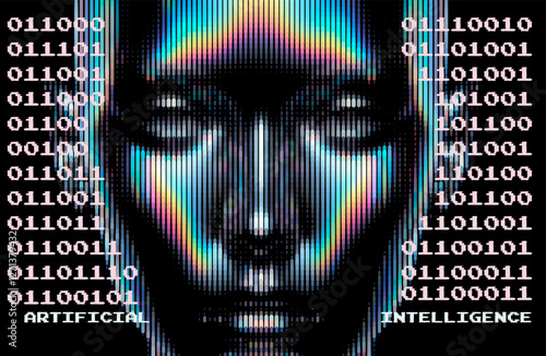 Futuristic vector illustration of a digital face with iridescent, pixelated textures on a black background. The design emphasizes modernity and a reflective, technological aesthetic.