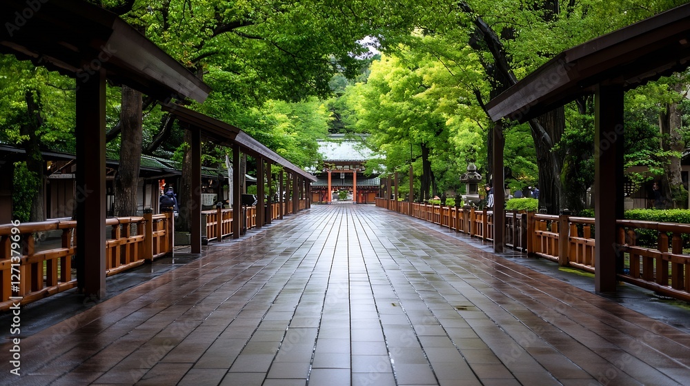 Serene path through a lush green garden leading to a traditional Japanese temple amidst beautiful trees : Generative AI Serene path through a lush green garden leading to a traditional Japanese temple amidst beautiful trees : Generative AI