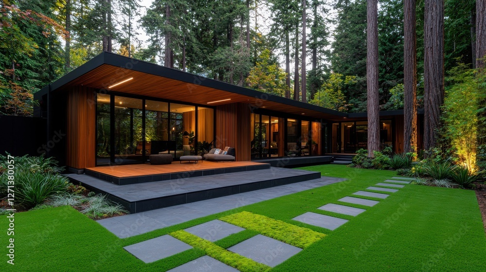 Modern house surrounded by lush greenery and elegant landscaping. Modern house surrounded by lush greenery and elegant landscaping.