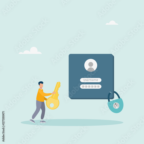 Strong password for cybersecurity, high account protection. Data confidentiality, locking key. Vector illustration.	