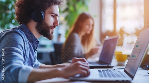 Young man in headphones intensely focused on laptop screen while working alongside a woman in a modern workspace : Generative AI