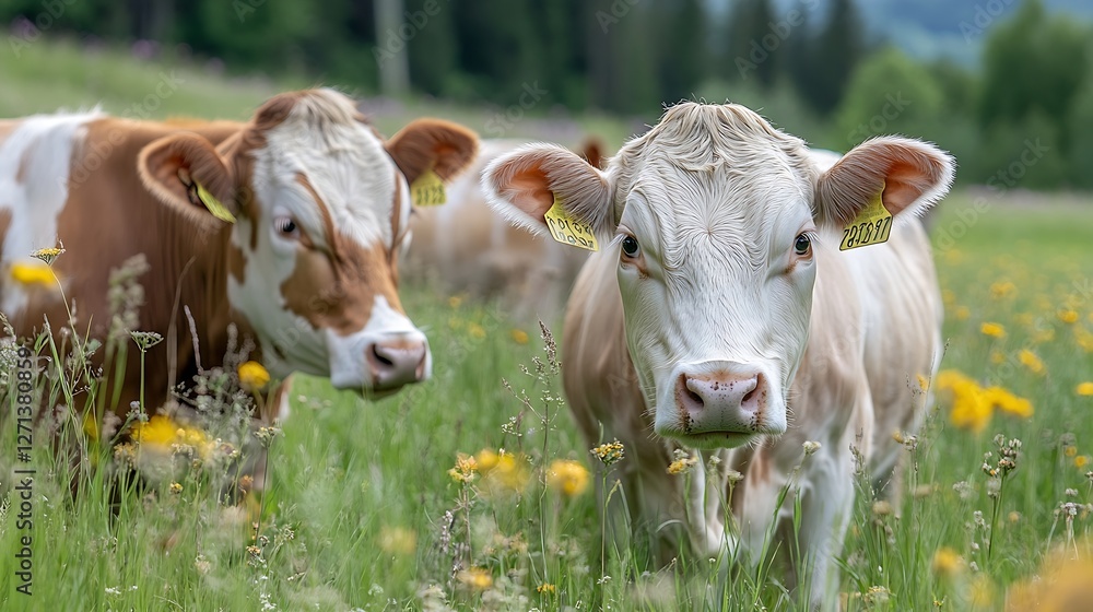 Two cows grazing peacefully in a vibrant green meadow filled with wildflowers under a clear blue sky : Generative AI Two cows grazing peacefully in a vibrant green meadow filled with wildflowers under a clear blue sky : Generative AI