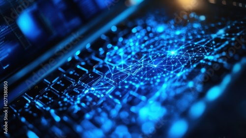 Close up of laptop computer with blue polygonal mesh. Technology, security and web hacking concept. Double exposure