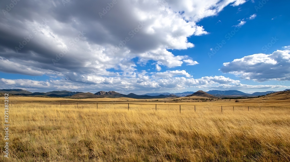 Fototapeta premium Expansive golden field under a blue sky adorned with clouds showcasing a serene landscape view : Generative AI
