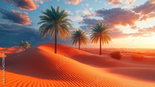 Desert sunset palms dunes landscape travel