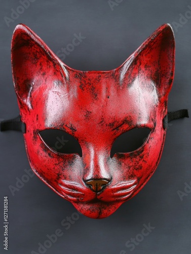 Vintage red and black painted cat face mask, reminiscent of Japanese Noh theaterical performance pieces. Possibly used for traditional festivals or as a mascot in carnivals. photo