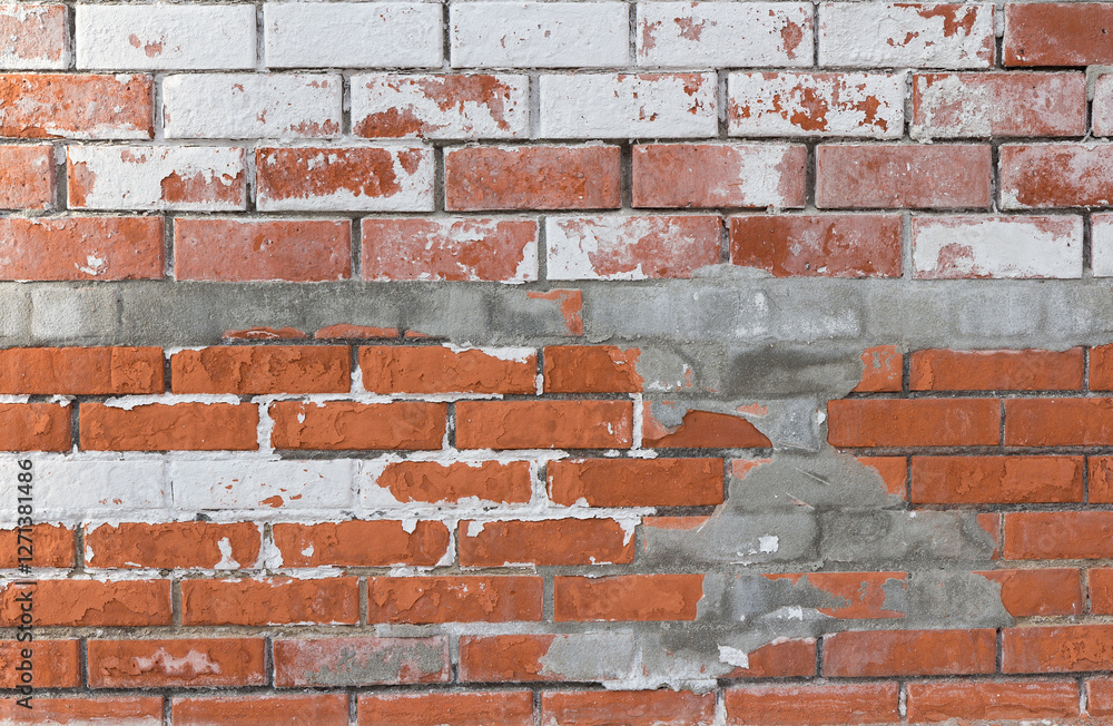 Weathered brick wall with peeling white paint and exposed red bricks