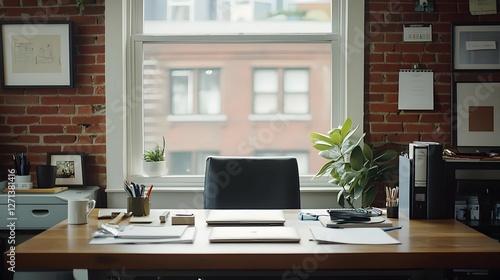 Wallpaper Mural Modern Home Office Workspace with Brick Wall and Natural Light Torontodigital.ca