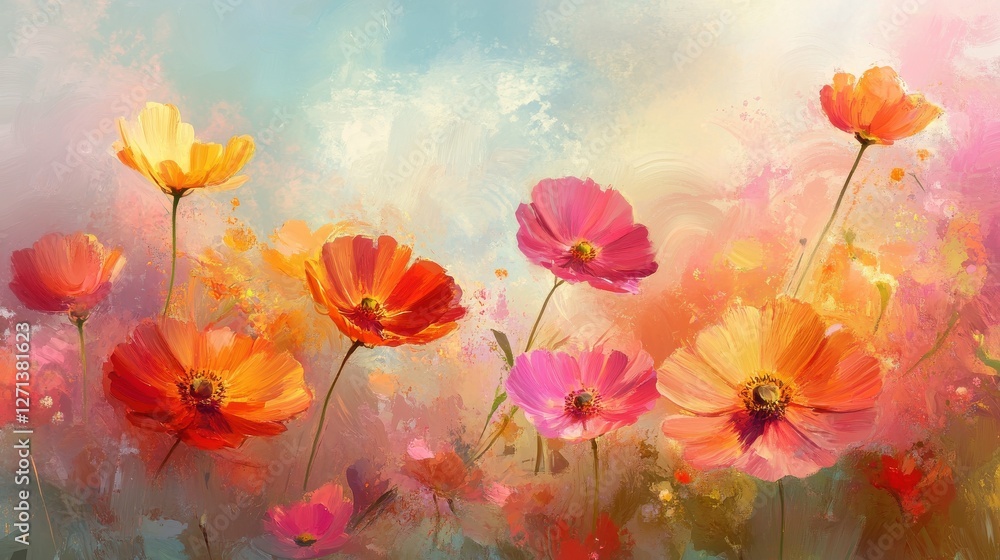 Fototapeta premium Impressionist blooming flowers illustration poster background