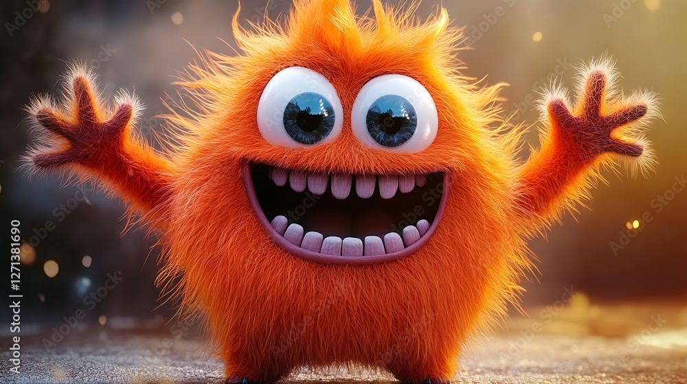 Happy orange furry creature welcomes; bokeh background; greeting card design. Happy orange furry creature welcomes; bokeh background; greeting card design.