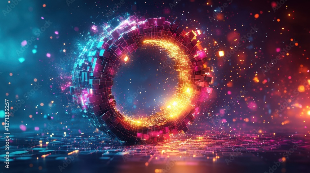 Obraz premium Abstract Digital Ring of Light and Energy: Futuristic Neon Cyberpunk Sphere