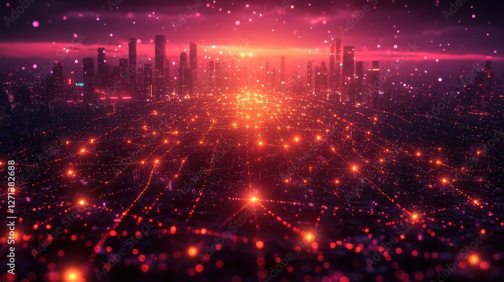 Fototapeta premium Futuristic Cityscape with Glowing Network Lights at Dusk
