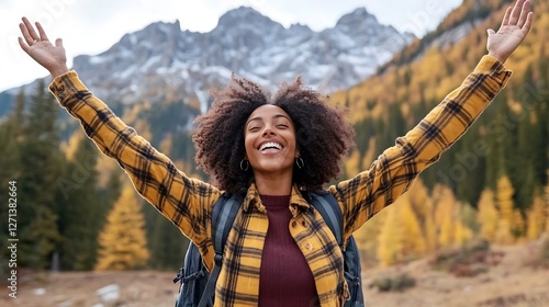 Joyful Woman Celebrating Outdoors in Nature with Arms Raised Against Beautiful Mountain Backdrop : Generative AI photo