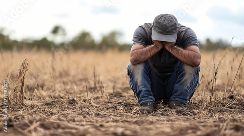 A distressed man sitting on dry soil with his head in his hands showing signs of despair : Generative AI