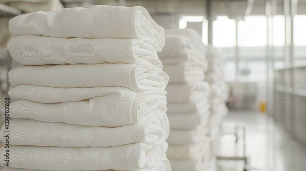 Folded white linens stacked in a laundry facility Folded white linens stacked in a laundry facility