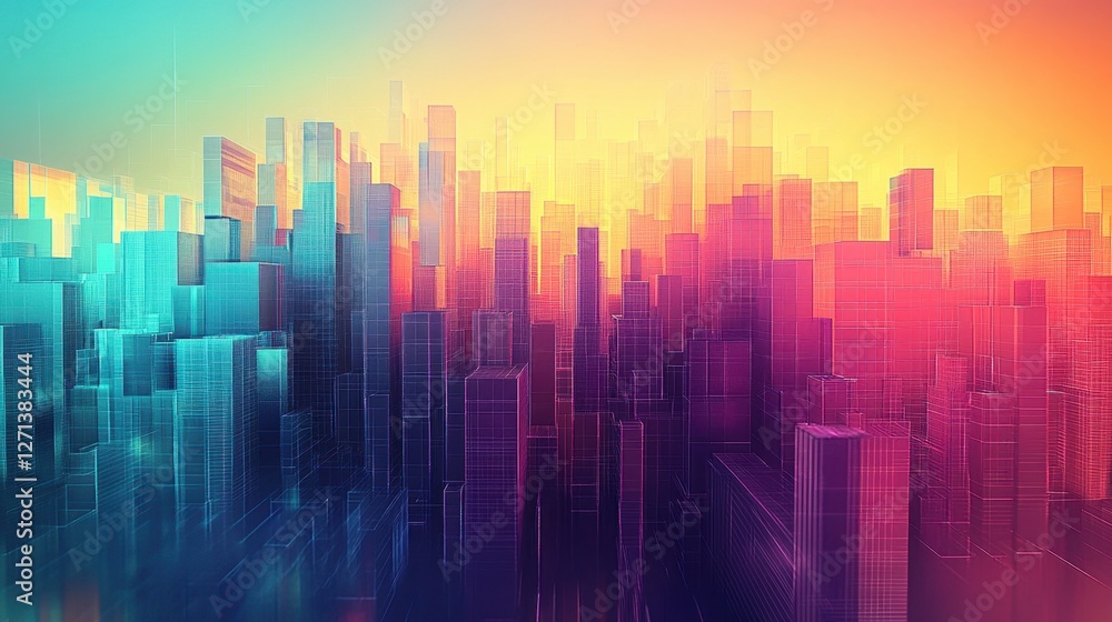 Vibrant Cityscape: A Digital Metropolis at Sunset with Colorful Buildings and Wireframe Architecture Vibrant Cityscape: A Digital Metropolis at Sunset with Colorful Buildings and Wireframe Architecture