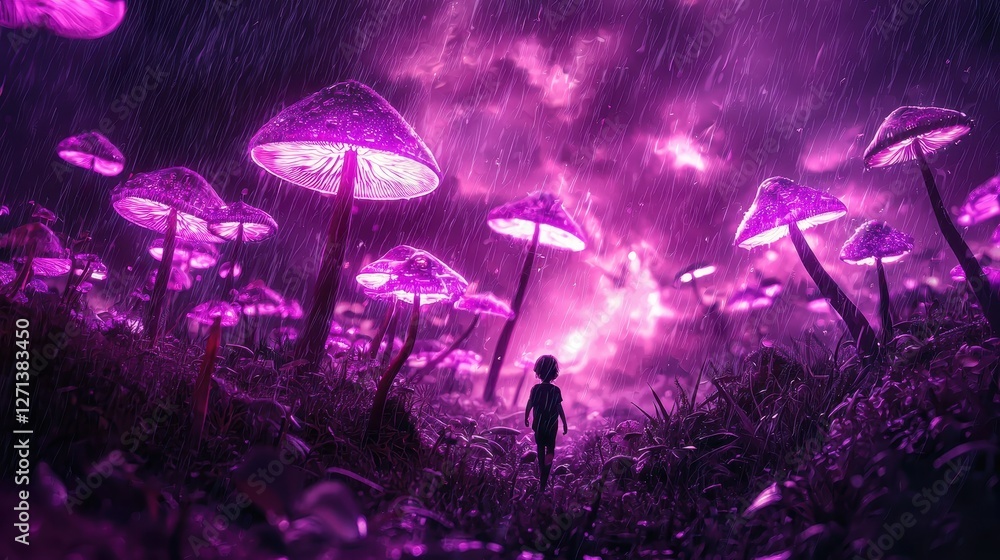 Fototapeta premium Child Walking Through Field of Giant Glowing Mushrooms at Night