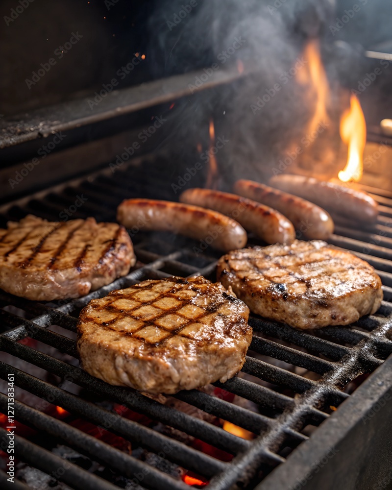 A sizzling grill loaded with various cuts of meat and sausages. A sizzling grill loaded with various cuts of meat and sausages.