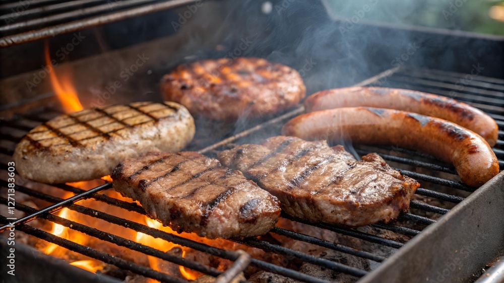 A sizzling grill loaded with various cuts of meat and sausages.