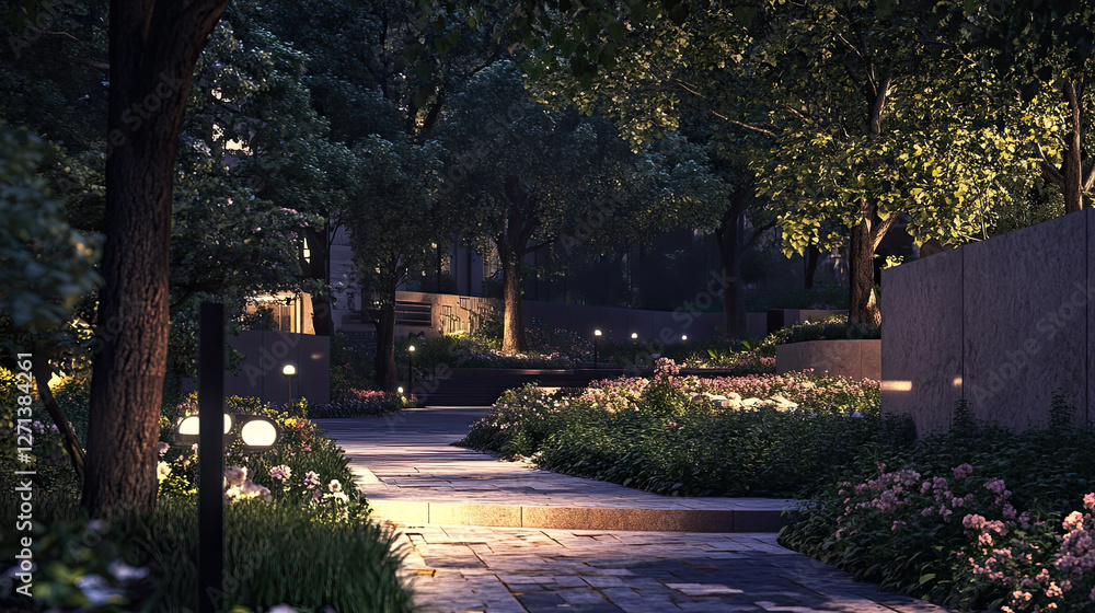 Serene Nighttime Garden Pathway Surrounded by Lush Greenery Serene Nighttime Garden Pathway Surrounded by Lush Greenery