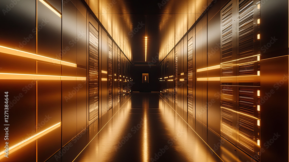 Modern Data Center Corridor with Glowing Orange Lights and Storage Units Modern Data Center Corridor with Glowing Orange Lights and Storage Units