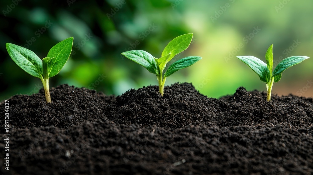 Three Young Seedlings Growing in Rich Soil Three Young Seedlings Growing in Rich Soil