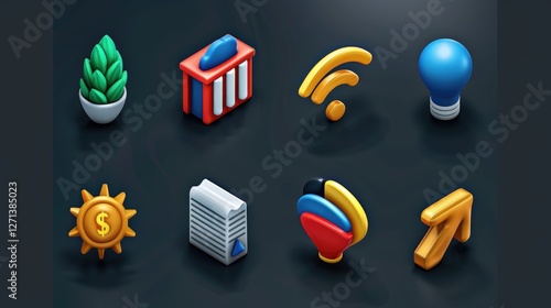Isometric set of icons for web and mobile applications featuring business, technology, and network elements like laptops, servers, buildings, and cloud data symbols in a modern vector design