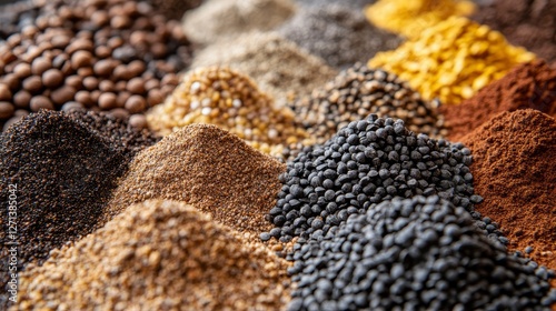 Diverse Collection of Grains, Seeds, and Powders in Rows