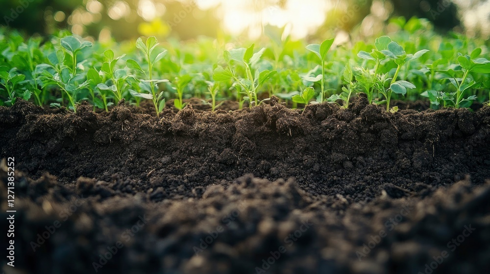 Young Seedlings Emerging from Rich Soil at Sunset Young Seedlings Emerging from Rich Soil at Sunset