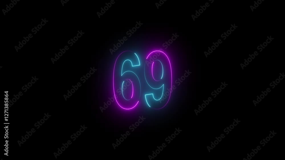 Abstract glowing neon text 69 number countdown icon. Glowing sign on black background. Abstract glowing neon text 69 number countdown icon. Glowing sign on black background.