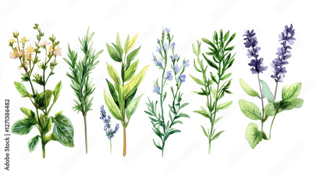 Fototapeta premium Watercolor illustration featuring a vibrant collection of herbs plants and flowers Hand drawn graphic sketches for design use