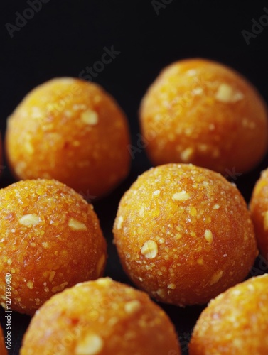 A close-up of a pile of modaks, Indian sweet dough balls with sugar and almond coating. photo