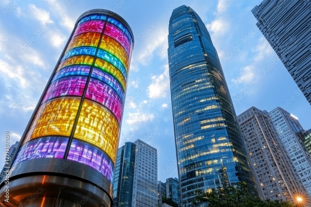 Fototapeta premium A digital advertising billboard displaying a bright and colorful advertisement in a busy city