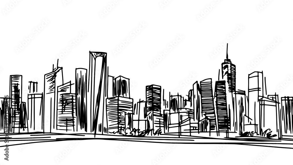 Fototapeta premium City skyline drawing. Skyscrapers urban buildings cityscape. Architecture tourism real estate development. Hand drawn sketch black ink white background