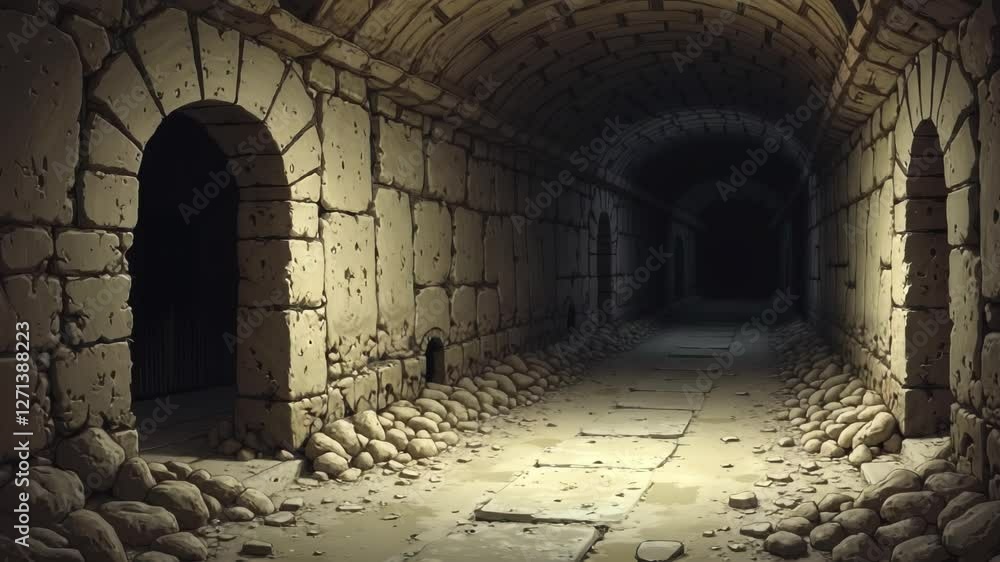 Illustration of an empty ancient crypt, the corridor is damp and dark