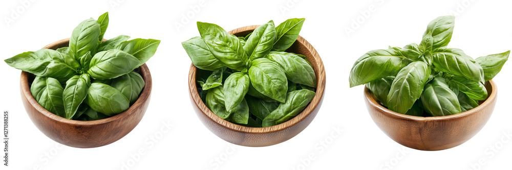 Set of Top-down view of a neatly arranged Genovese basil bouquet, freshly picked on transparent png background. Ai generated Set of Top-down view of a neatly arranged Genovese basil bouquet, freshly picked on transparent png background. Ai generated