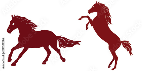 Vector bucking and prancing red horse silhouette set. New year animal symbol. Chinese zodiac horse symbol. Horse character