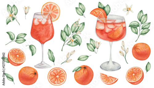 Watercolor illustration. Set of cocktails and oranges. Hand painted aperol spritz in glass with orange citrus fruit, ice, green leaves, flowers. Cold alcohol drink. Aperitif. Juice. Isolated clip art