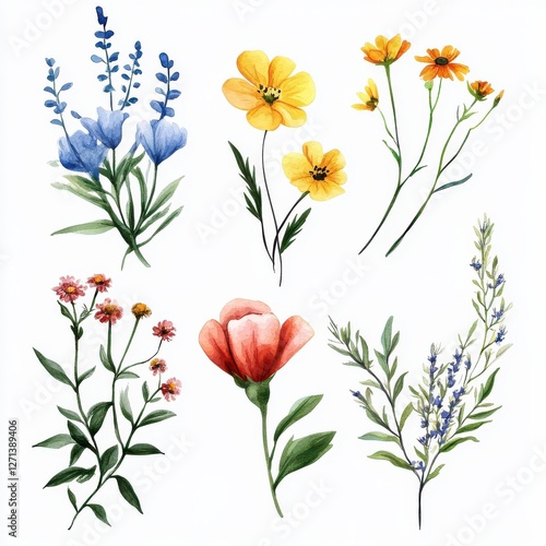 Wallpaper Mural Set of watercolor wildflowers painting isolated on clear png background and transparent background. Fresh and nature concept for nature decorative and flower element, AI generative. Torontodigital.ca