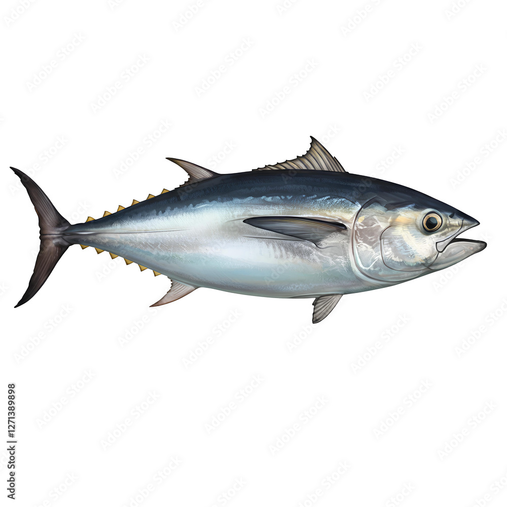 Naklejka premium A realistic illustration of a tuna fish with a streamlined body, metallic blue back, and silver belly.