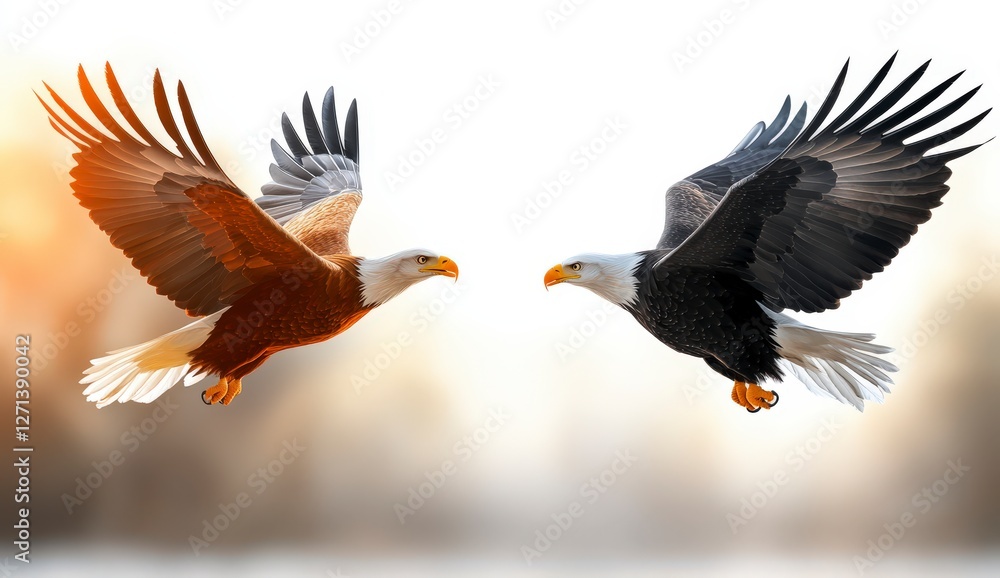Fototapeta premium Majestic Bald Eagles in Dynamic Flight Against Soft Sunrise Background in Natural Habitat