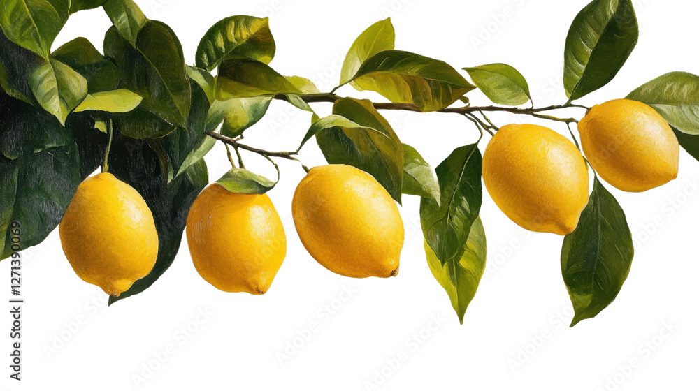 A painting of a branch with five lemons hanging from it A painting of a branch with five lemons hanging from it