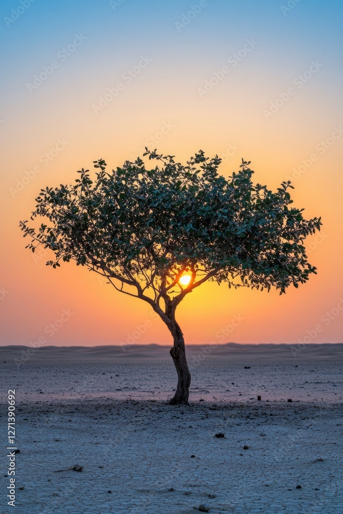 A solitary tree silhouetted against a desert sunset. A solitary tree silhouetted against a desert sunset.
