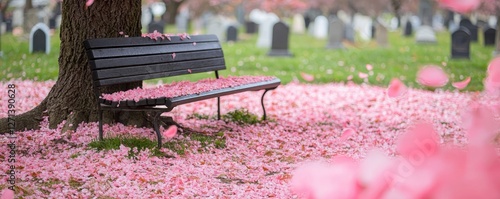 Flower cemetery serenity. A peaceful cemetery scene with a bench surrounded by pink flower petals.