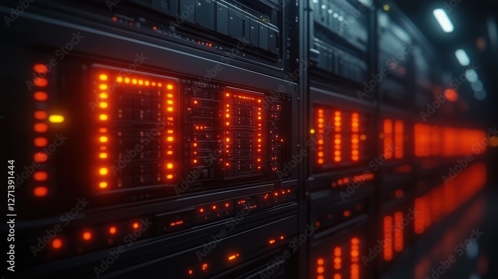 Glowing Server Racks with Red Lights in a Data Center Environment Glowing Server Racks with Red Lights in a Data Center Environment