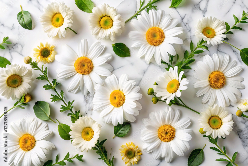 Obraz premium White Daisies & Greenery Pattern on Marble