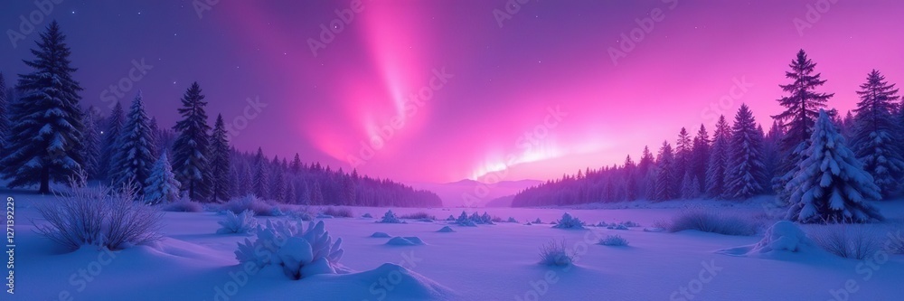 Frosty landscape bathed in soft pink and purple hues as ethereal lights dance above, darkness, aurora borealis, colorful Frosty landscape bathed in soft pink and purple hues as ethereal lights dance above, darkness, aurora borealis, colorful